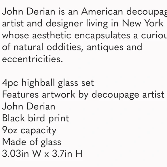 JOHN DERIAN NWT 4pc midnight dreary blackbird highball glass set - Picture 6 of 6